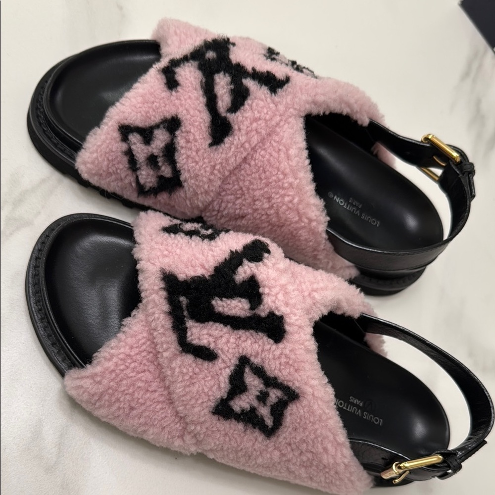 Louis Vuitton Pink Shearling Sandals with Black Monogram “ Paseo Flat”